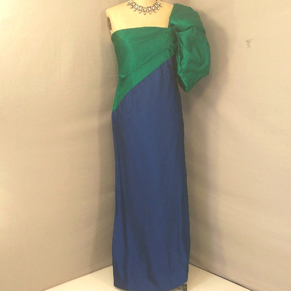 Bill Blass Designer Gown Color Block Single Puff Shoulder Blue Green Satin Dress
